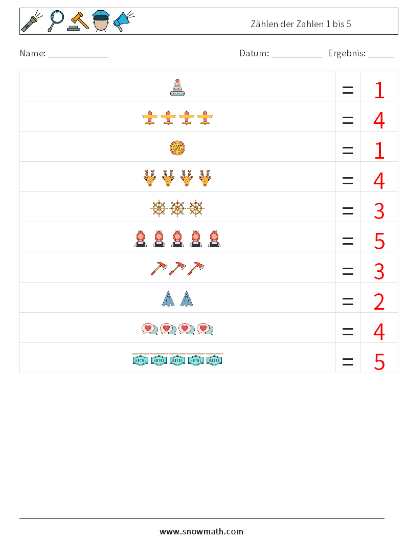 Zählen der Zahlen 1 bis 5 Mathe-Arbeitsblätter 13 Frage, Antwort