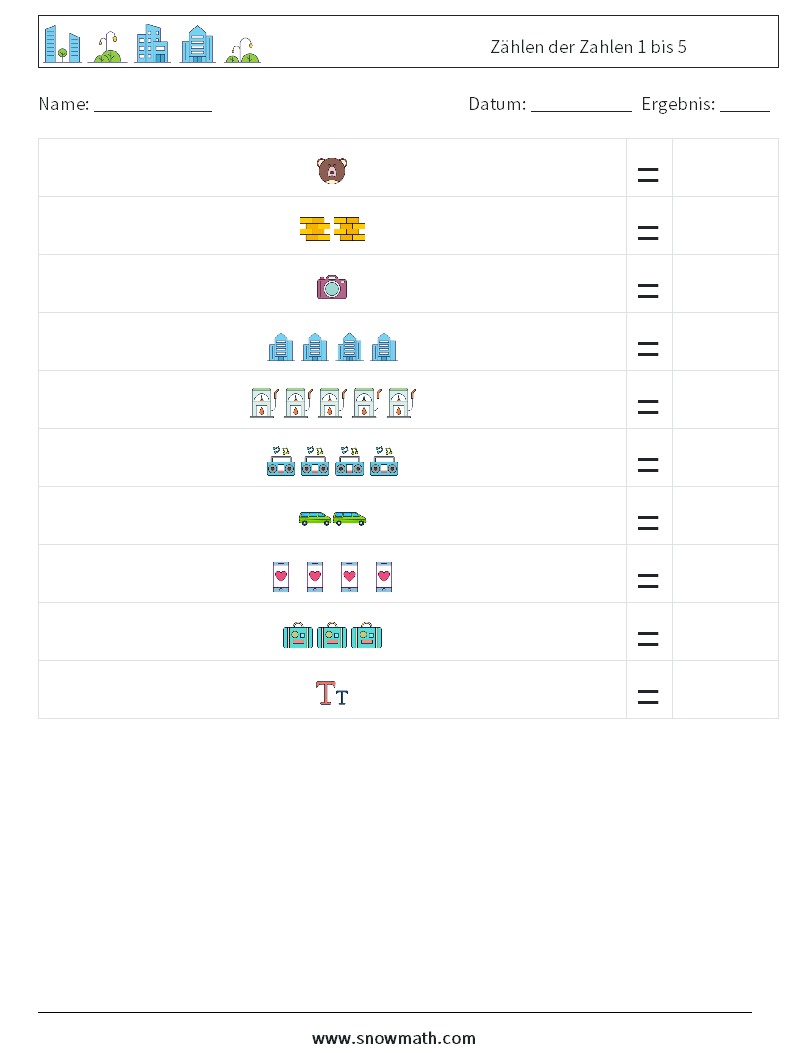 Zählen der Zahlen 1 bis 5 Mathe-Arbeitsblätter 14