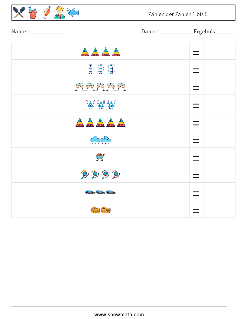 Zählen der Zahlen 1 bis 5 Mathe-Arbeitsblätter 15