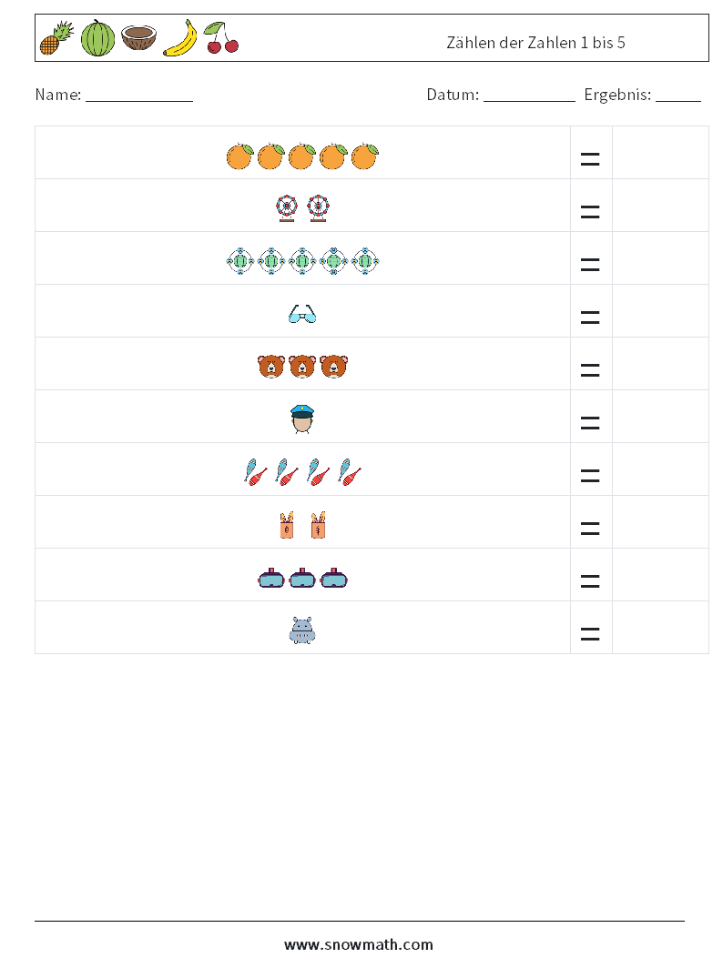 Zählen der Zahlen 1 bis 5 Mathe-Arbeitsblätter 16