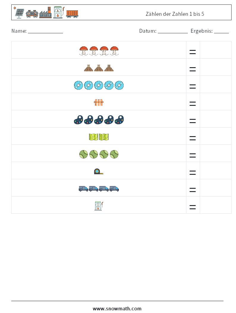 Zählen der Zahlen 1 bis 5 Mathe-Arbeitsblätter 18