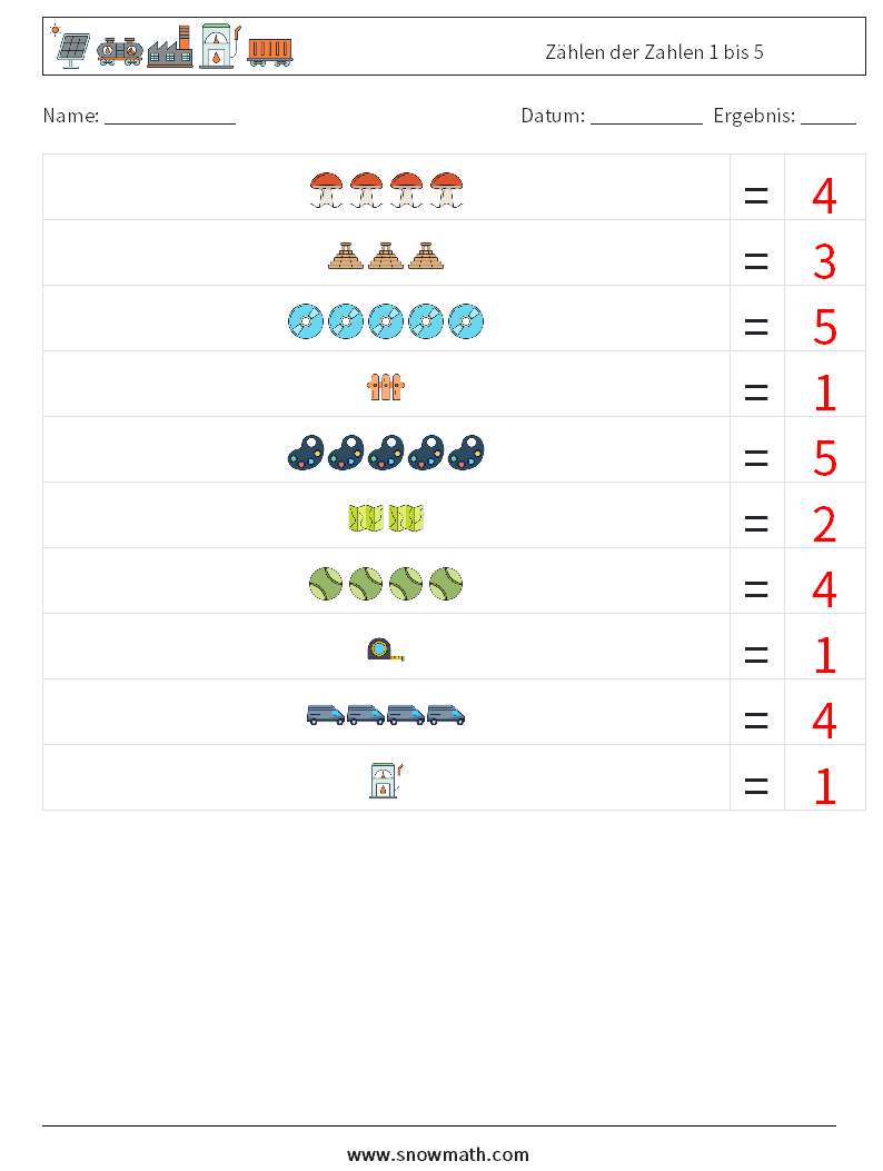 Zählen der Zahlen 1 bis 5 Mathe-Arbeitsblätter 18 Frage, Antwort