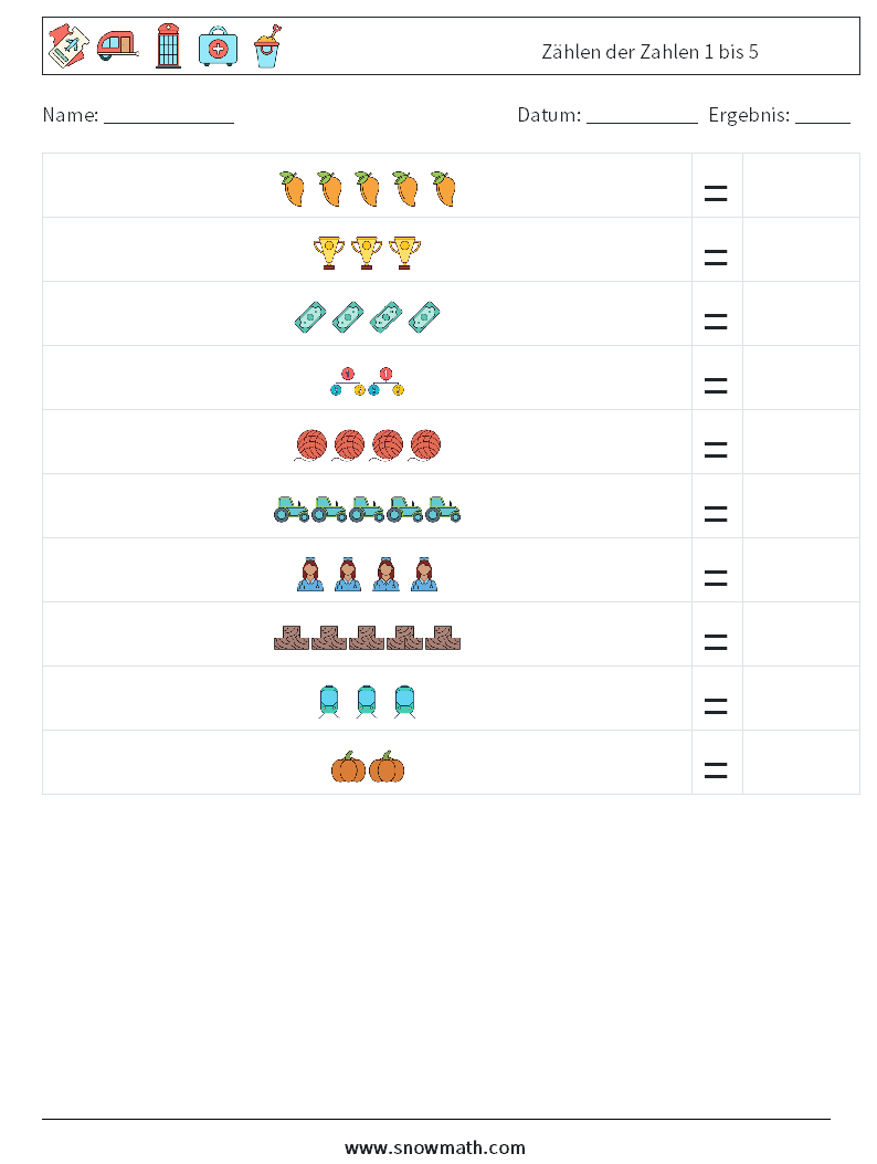 Zählen der Zahlen 1 bis 5 Mathe-Arbeitsblätter 2
