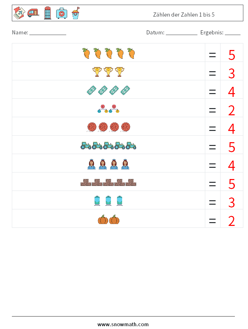 Zählen der Zahlen 1 bis 5 Mathe-Arbeitsblätter 2 Frage, Antwort