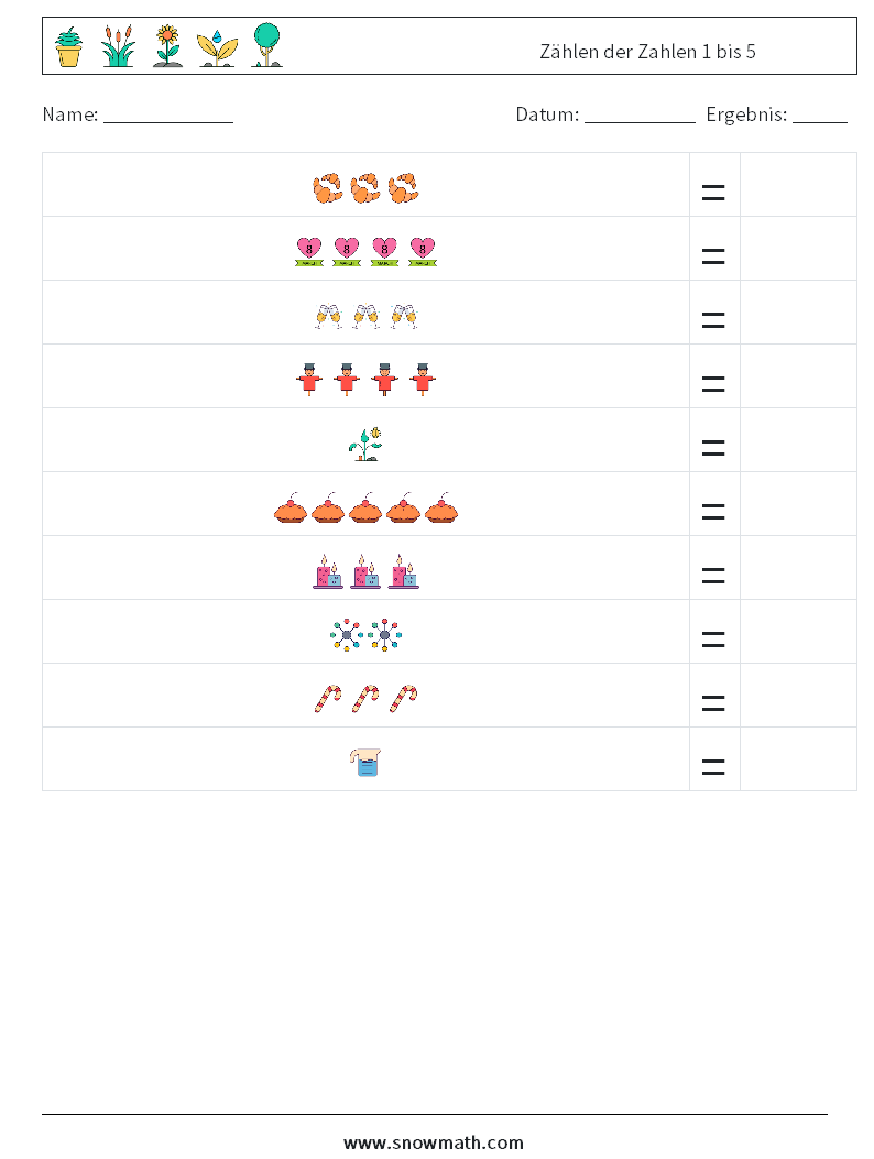 Zählen der Zahlen 1 bis 5 Mathe-Arbeitsblätter 3