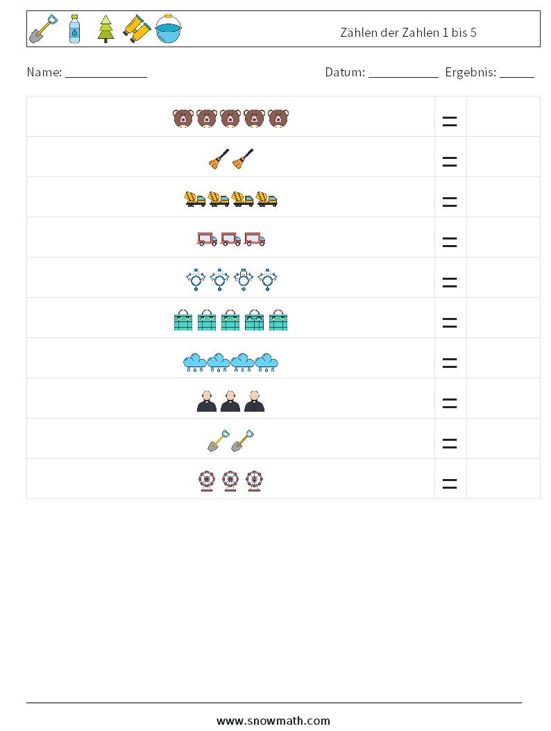 Zählen der Zahlen 1 bis 5 Mathe-Arbeitsblätter 4