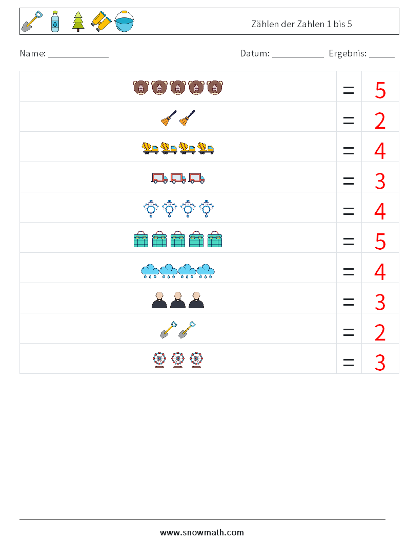 Zählen der Zahlen 1 bis 5 Mathe-Arbeitsblätter 4 Frage, Antwort