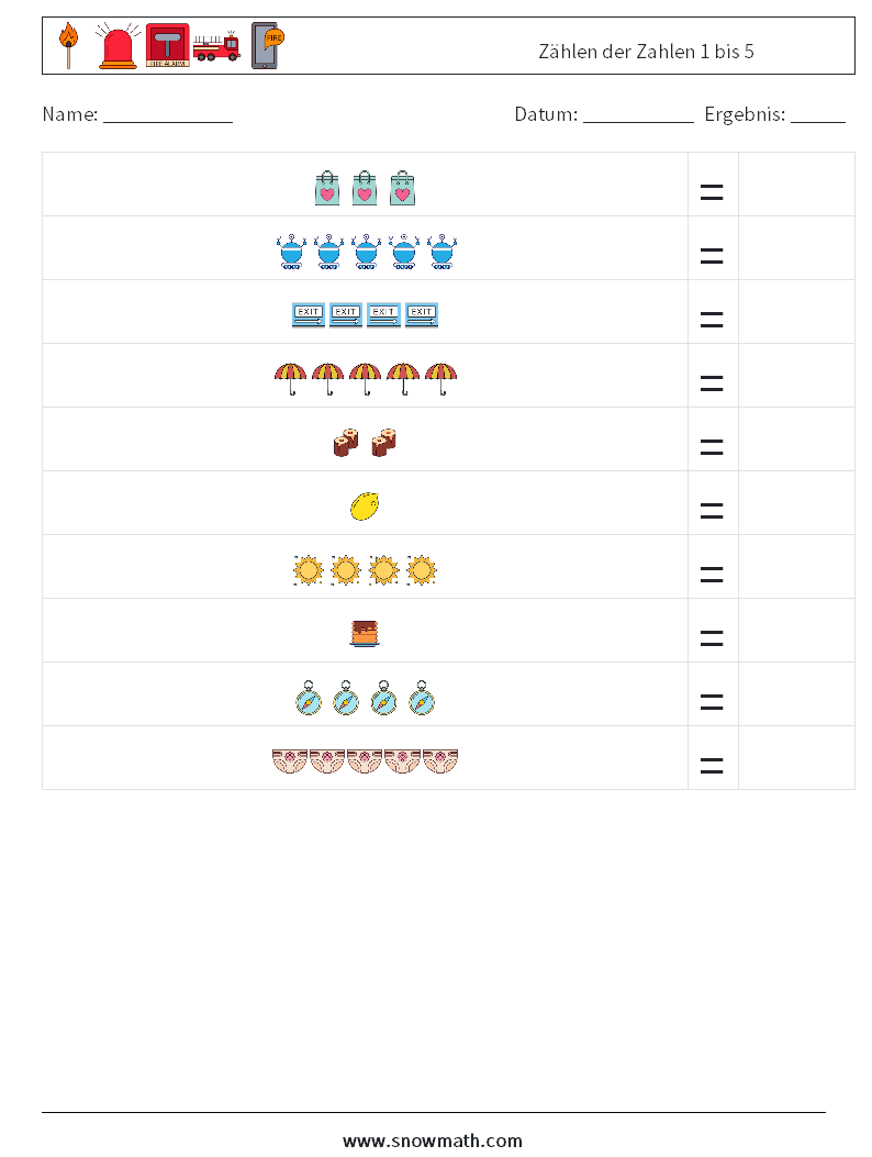 Zählen der Zahlen 1 bis 5 Mathe-Arbeitsblätter 5