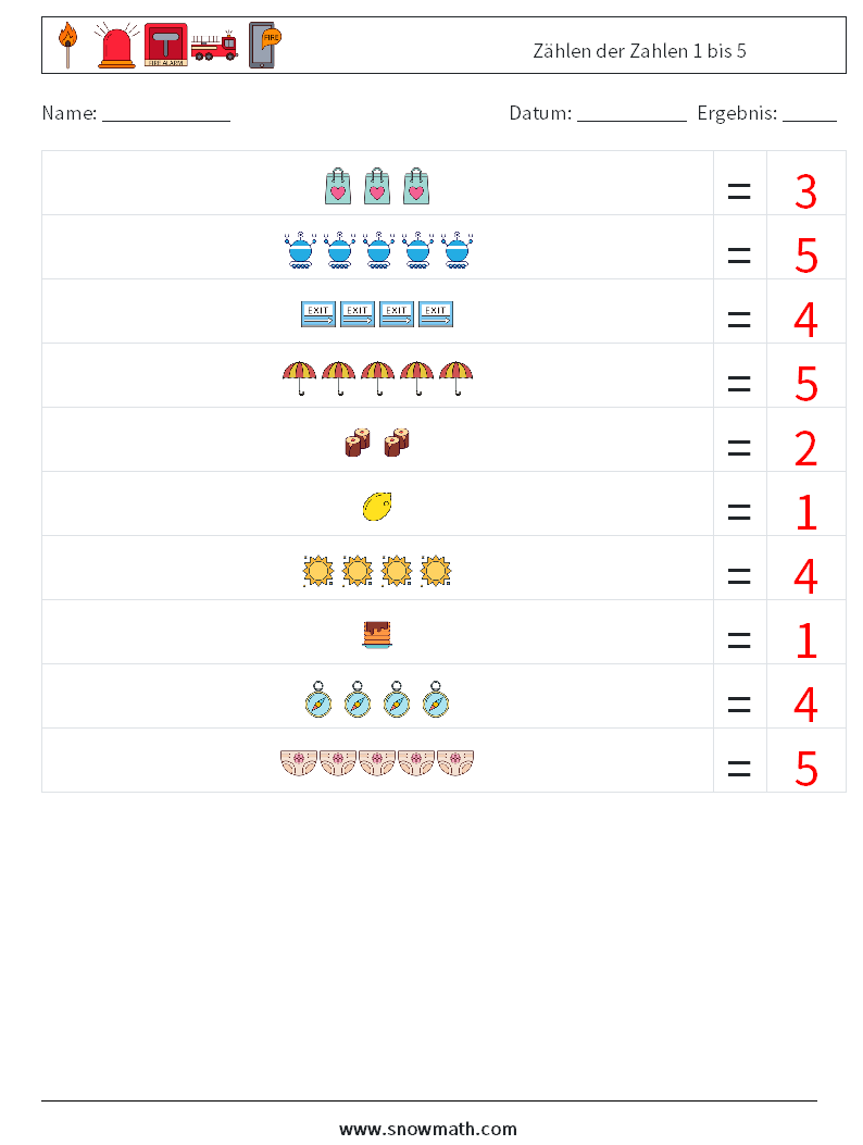 Zählen der Zahlen 1 bis 5 Mathe-Arbeitsblätter 5 Frage, Antwort