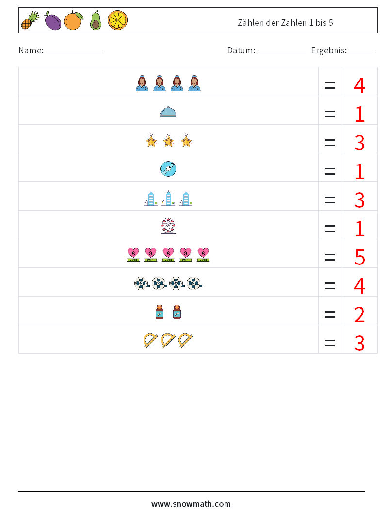 Zählen der Zahlen 1 bis 5 Mathe-Arbeitsblätter 6 Frage, Antwort