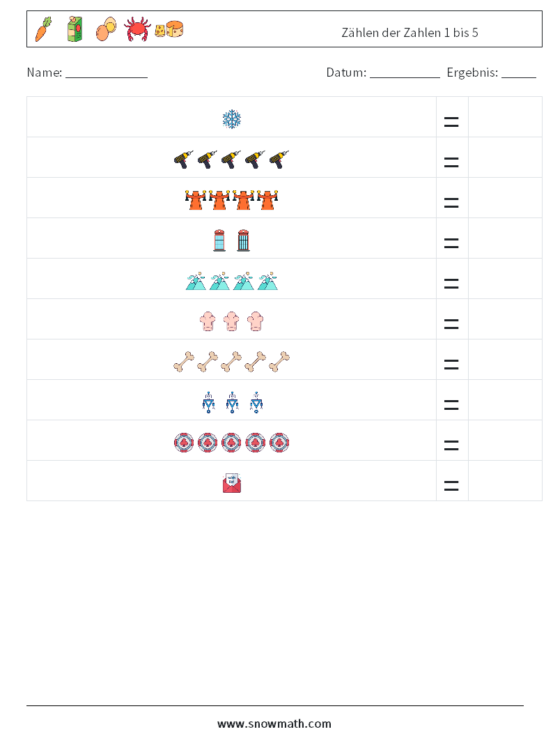 Zählen der Zahlen 1 bis 5 Mathe-Arbeitsblätter 7