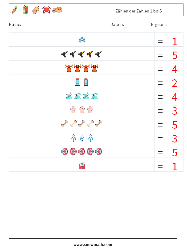 Zählen der Zahlen 1 bis 5 Mathe-Arbeitsblätter 7 Frage, Antwort