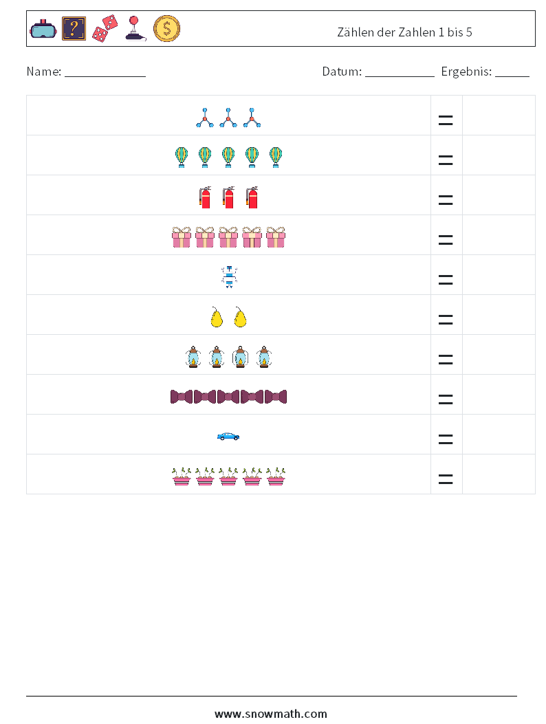 Zählen der Zahlen 1 bis 5 Mathe-Arbeitsblätter 8
