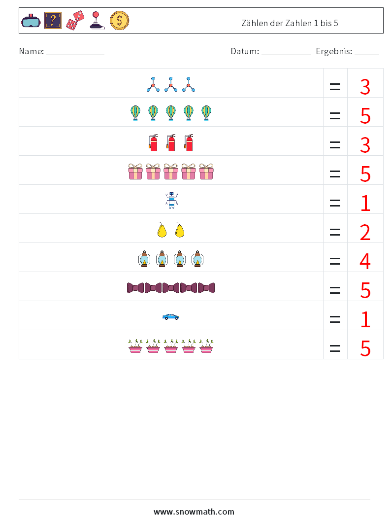 Zählen der Zahlen 1 bis 5 Mathe-Arbeitsblätter 8 Frage, Antwort