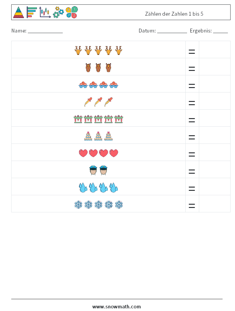Zählen der Zahlen 1 bis 5 Mathe-Arbeitsblätter 9