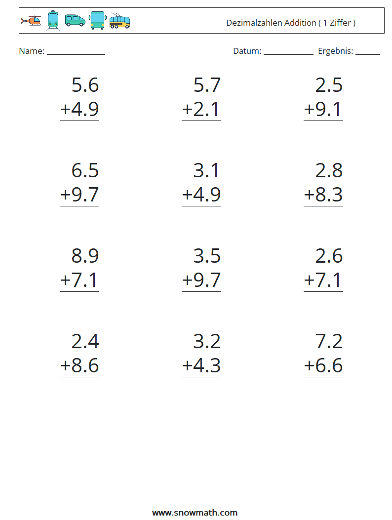 (12) Dezimalzahlen Addition ( 1 Ziffer ) Mathe-Arbeitsblätter 1