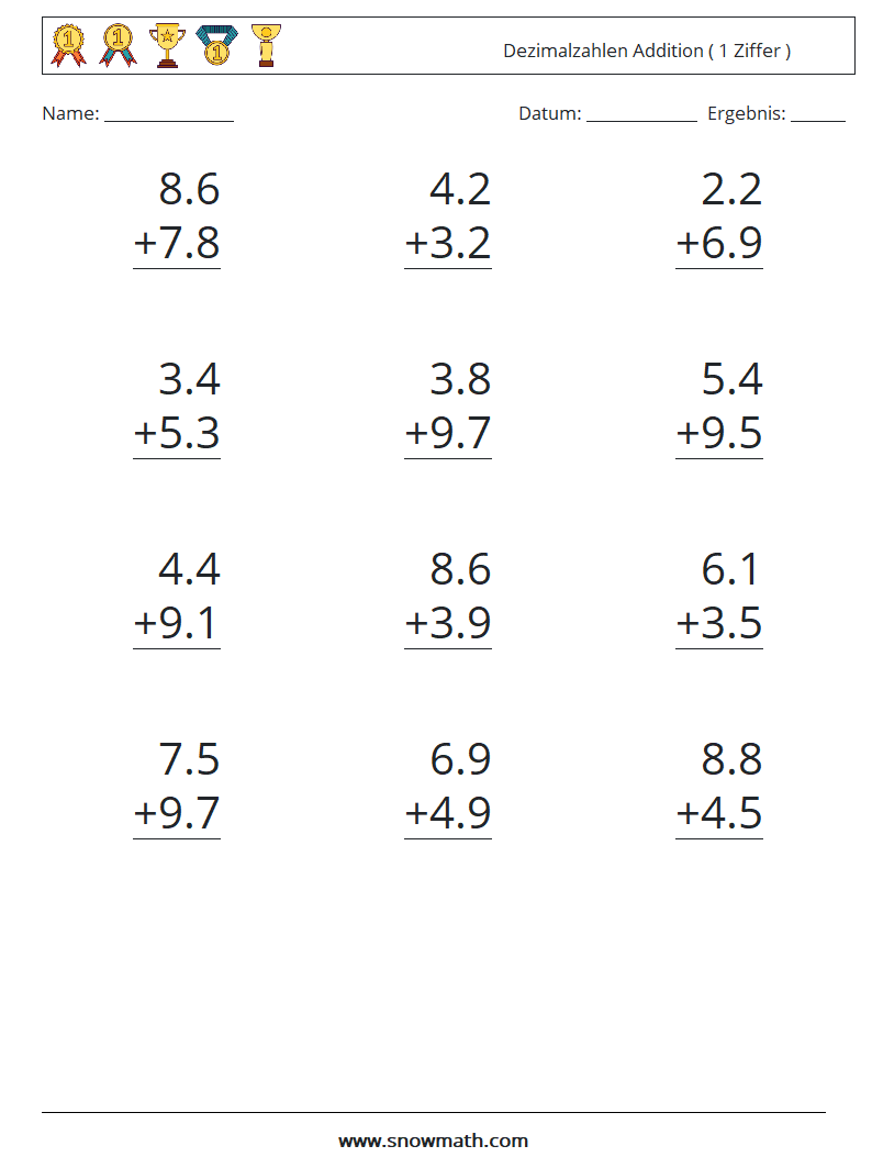 (12) Dezimalzahlen Addition ( 1 Ziffer ) Mathe-Arbeitsblätter 10