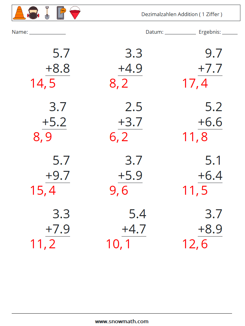 (12) Dezimalzahlen Addition ( 1 Ziffer ) Mathe-Arbeitsblätter 11 Frage, Antwort