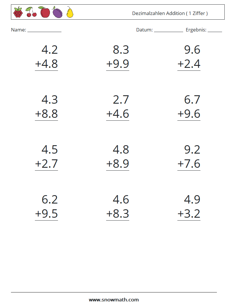 (12) Dezimalzahlen Addition ( 1 Ziffer ) Mathe-Arbeitsblätter 14