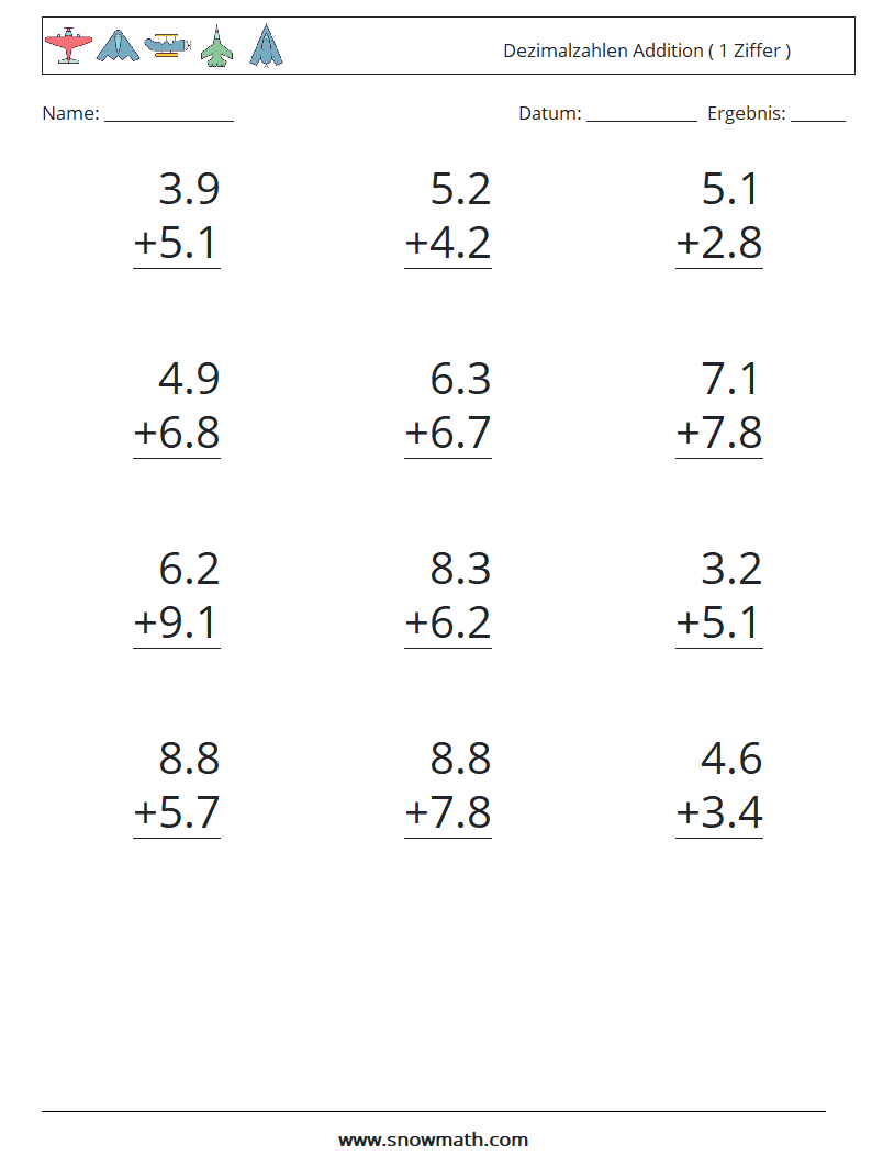 (12) Dezimalzahlen Addition ( 1 Ziffer ) Mathe-Arbeitsblätter 15