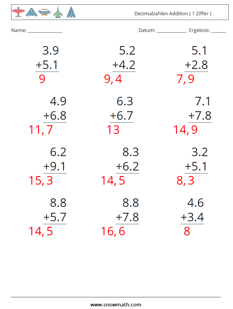 (12) Dezimalzahlen Addition ( 1 Ziffer ) Mathe-Arbeitsblätter 15 Frage, Antwort