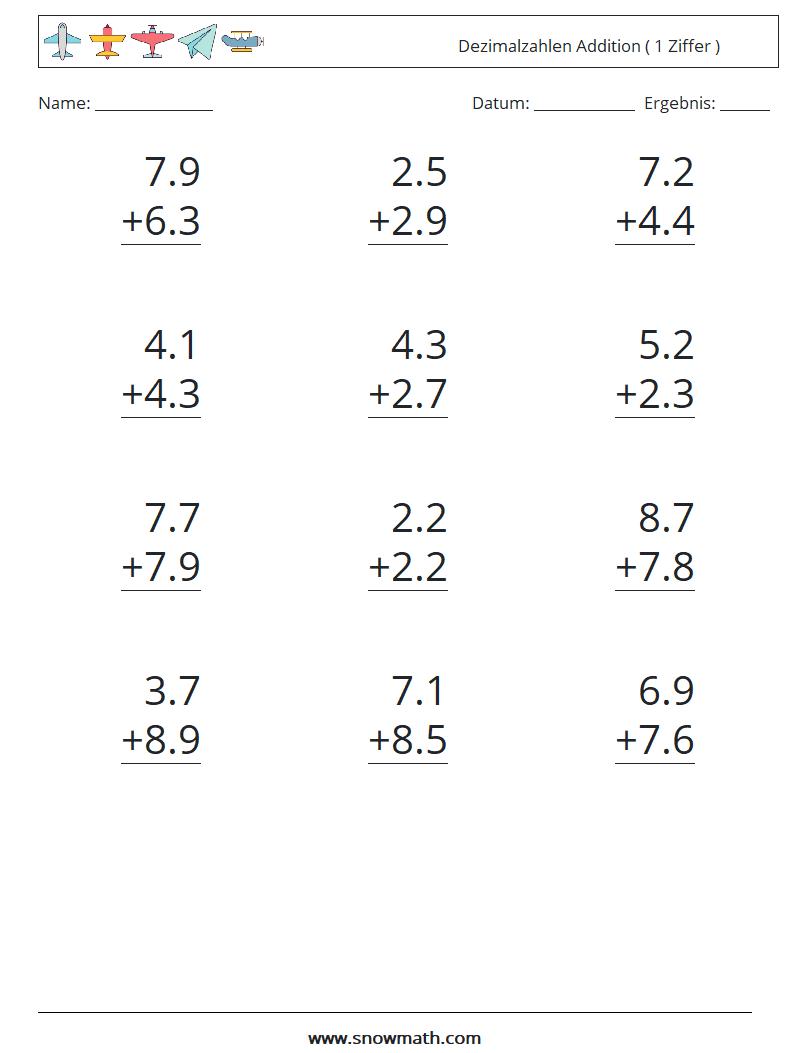 (12) Dezimalzahlen Addition ( 1 Ziffer ) Mathe-Arbeitsblätter 17