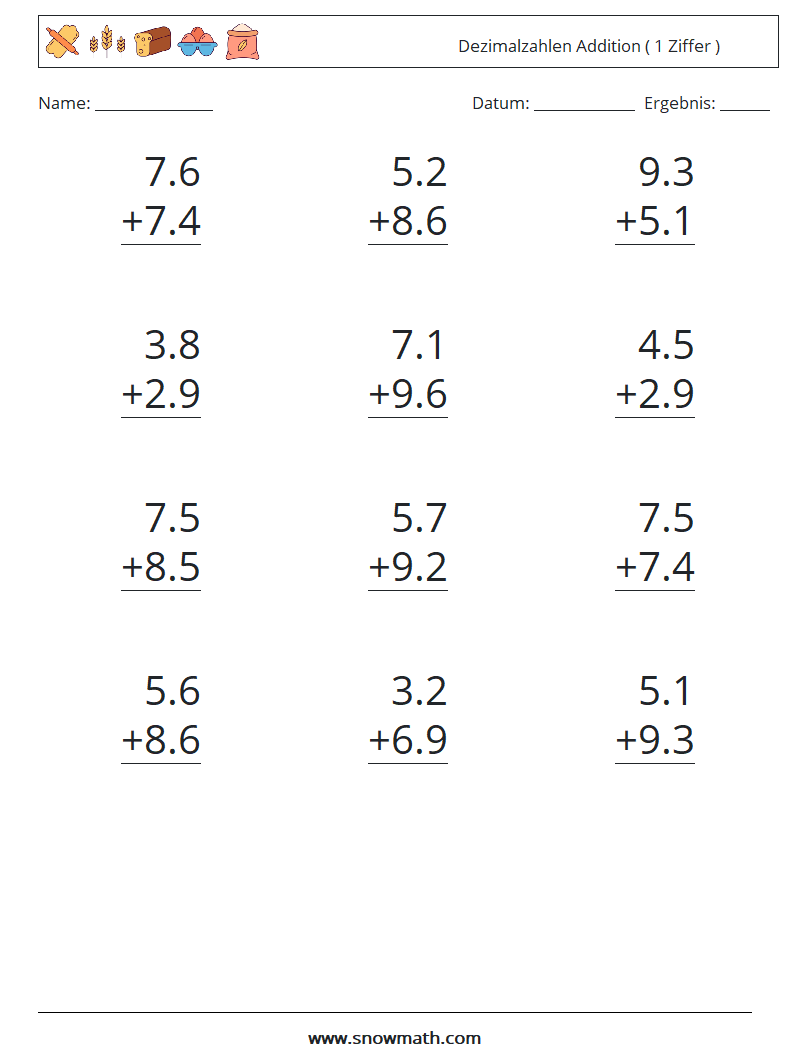 (12) Dezimalzahlen Addition ( 1 Ziffer ) Mathe-Arbeitsblätter 18