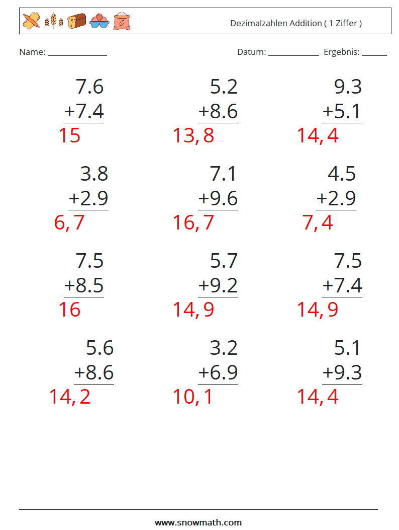 (12) Dezimalzahlen Addition ( 1 Ziffer ) Mathe-Arbeitsblätter 18 Frage, Antwort