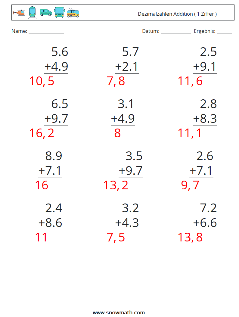 (12) Dezimalzahlen Addition ( 1 Ziffer ) Mathe-Arbeitsblätter 1 Frage, Antwort