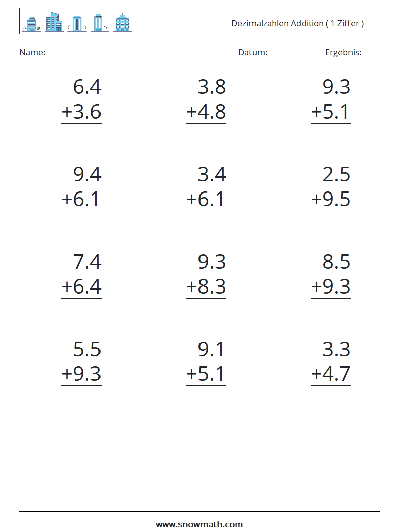 (12) Dezimalzahlen Addition ( 1 Ziffer ) Mathe-Arbeitsblätter 2