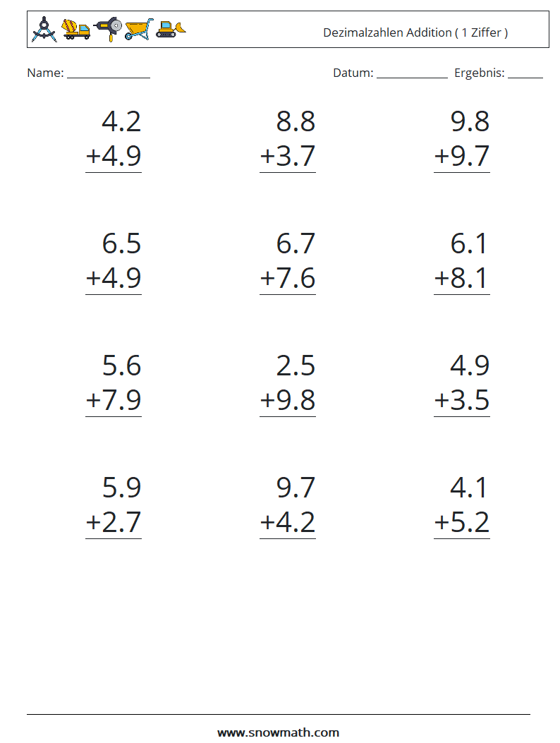 (12) Dezimalzahlen Addition ( 1 Ziffer ) Mathe-Arbeitsblätter 3