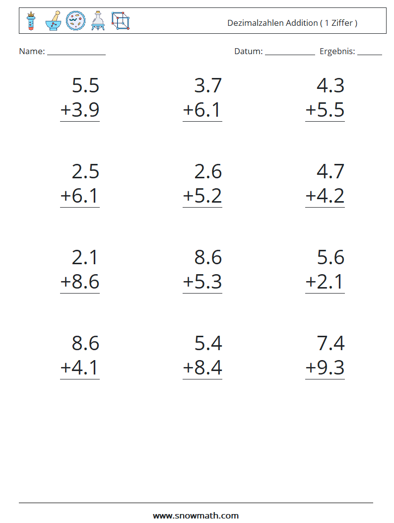 (12) Dezimalzahlen Addition ( 1 Ziffer ) Mathe-Arbeitsblätter 6