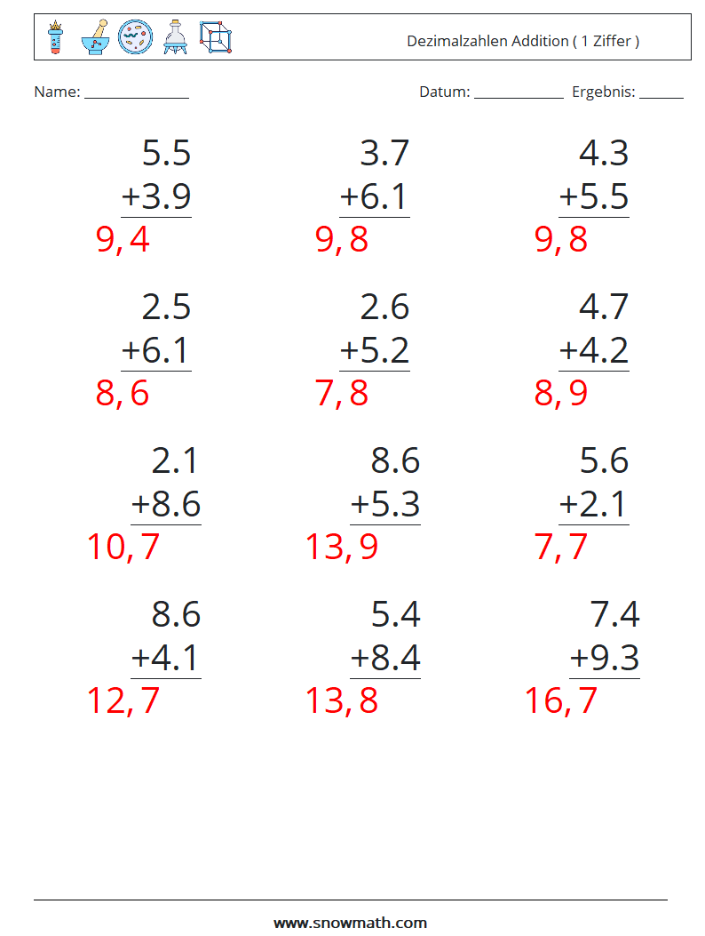 (12) Dezimalzahlen Addition ( 1 Ziffer ) Mathe-Arbeitsblätter 6 Frage, Antwort