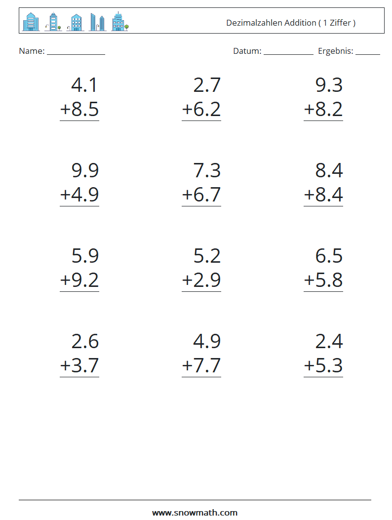 (12) Dezimalzahlen Addition ( 1 Ziffer ) Mathe-Arbeitsblätter 9