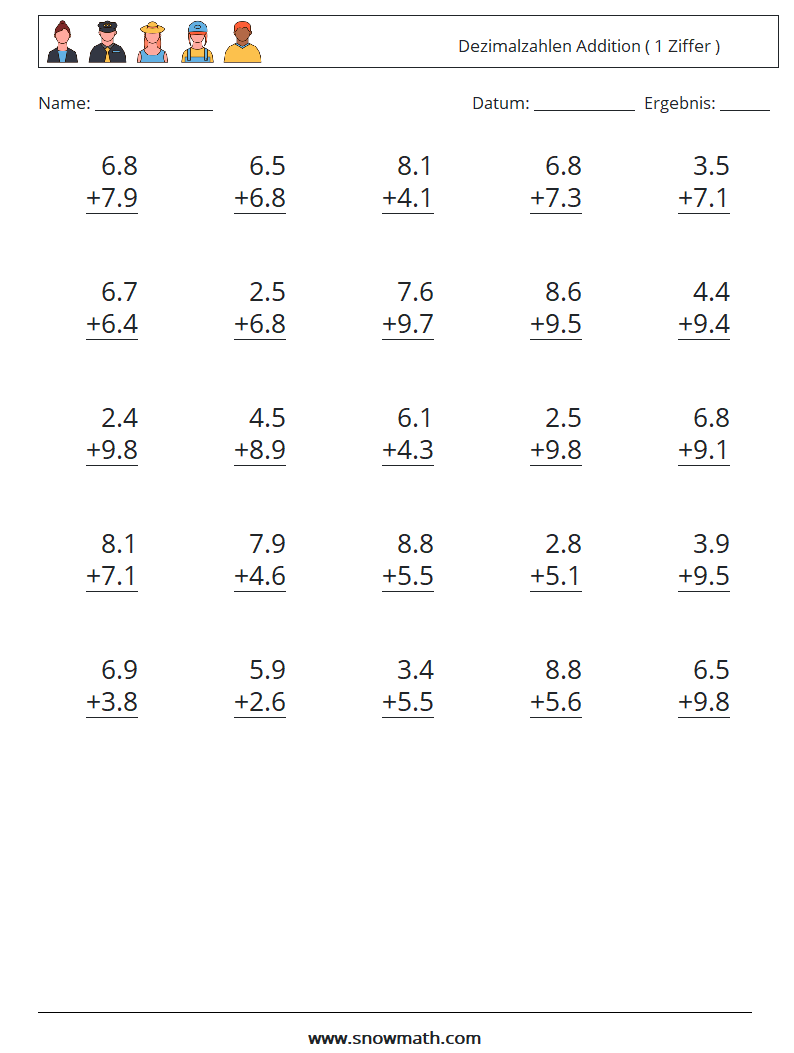 (25) Dezimalzahlen Addition ( 1 Ziffer ) Mathe-Arbeitsblätter 10