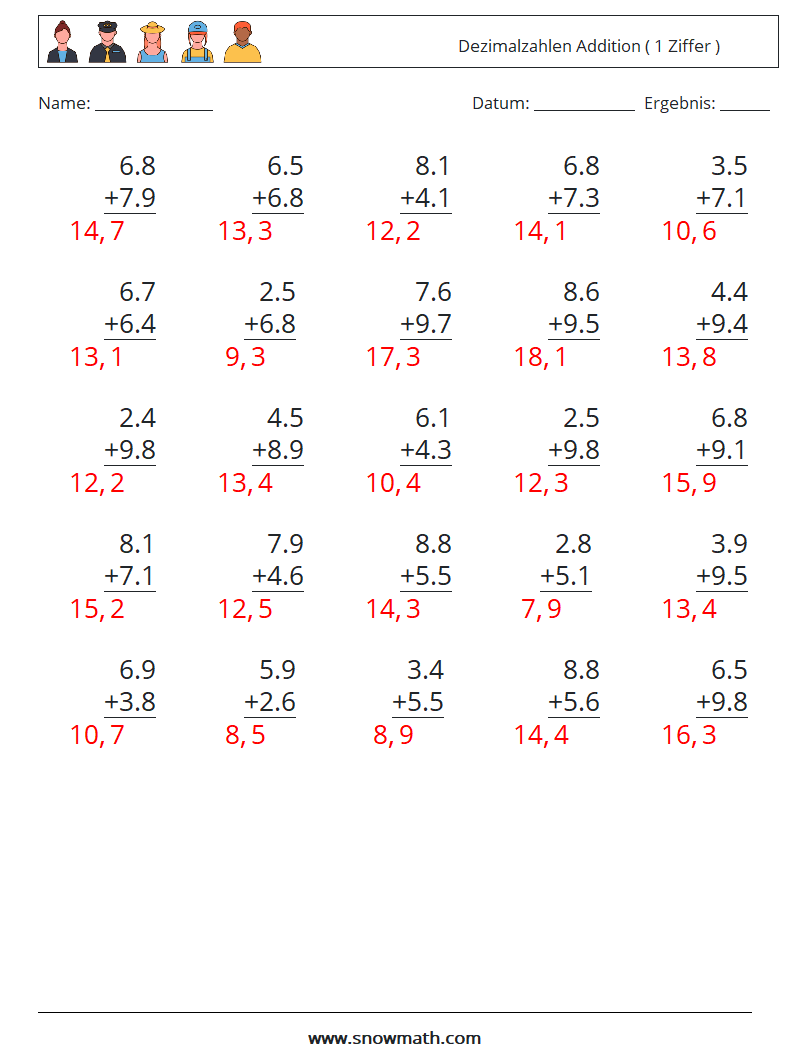 (25) Dezimalzahlen Addition ( 1 Ziffer ) Mathe-Arbeitsblätter 10 Frage, Antwort