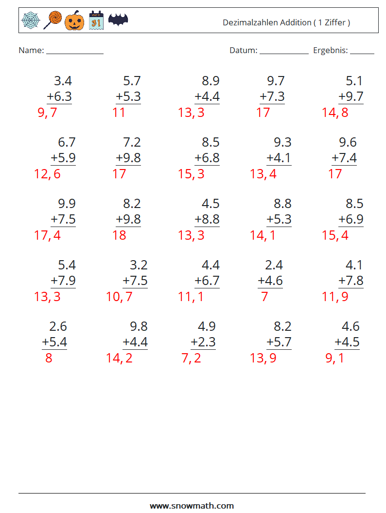 (25) Dezimalzahlen Addition ( 1 Ziffer ) Mathe-Arbeitsblätter 11 Frage, Antwort
