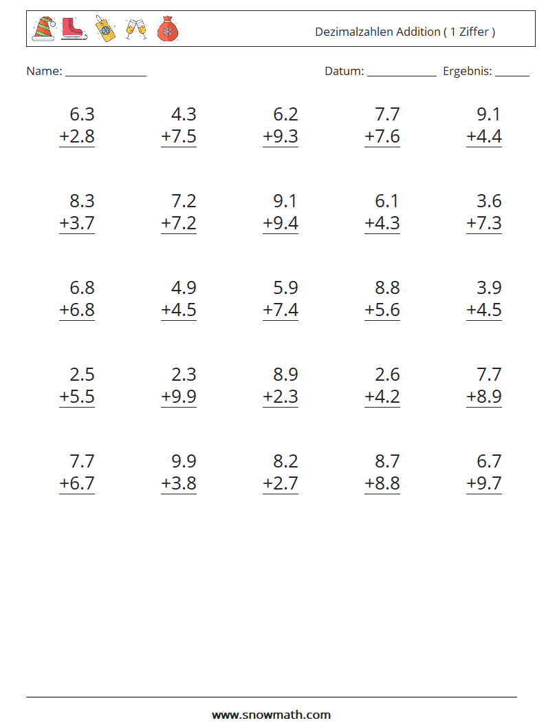 (25) Dezimalzahlen Addition ( 1 Ziffer ) Mathe-Arbeitsblätter 12