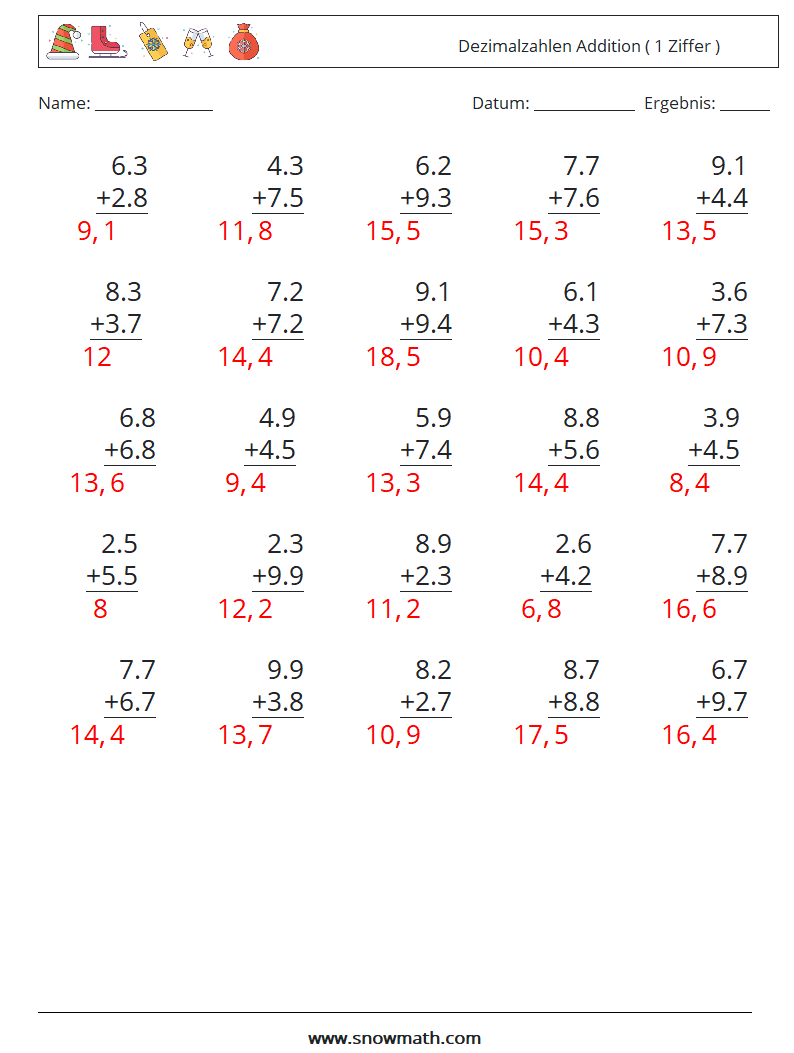 (25) Dezimalzahlen Addition ( 1 Ziffer ) Mathe-Arbeitsblätter 12 Frage, Antwort