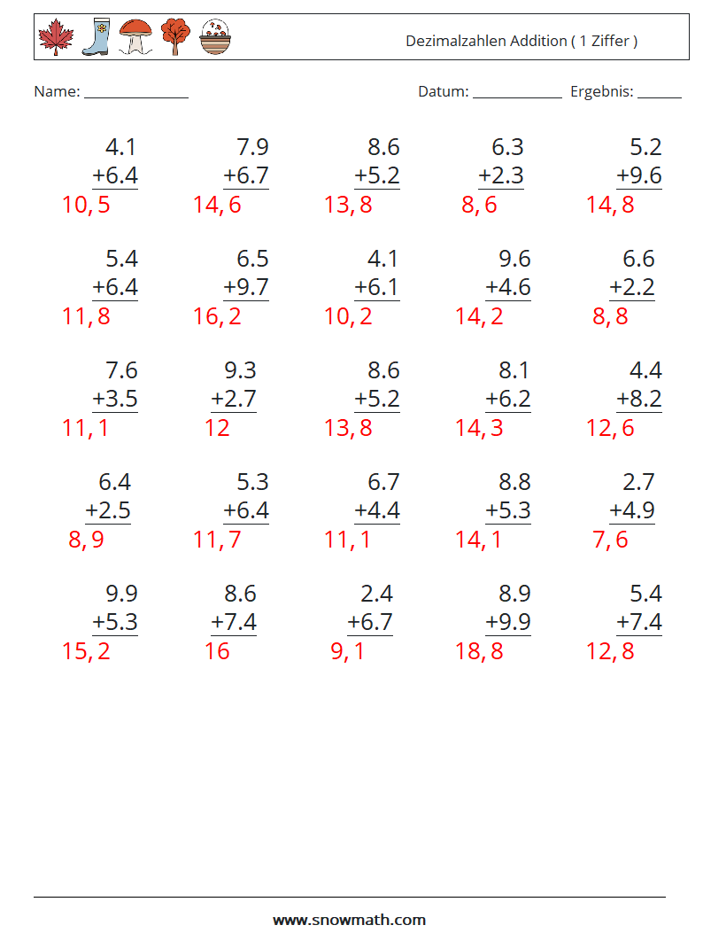 (25) Dezimalzahlen Addition ( 1 Ziffer ) Mathe-Arbeitsblätter 13 Frage, Antwort