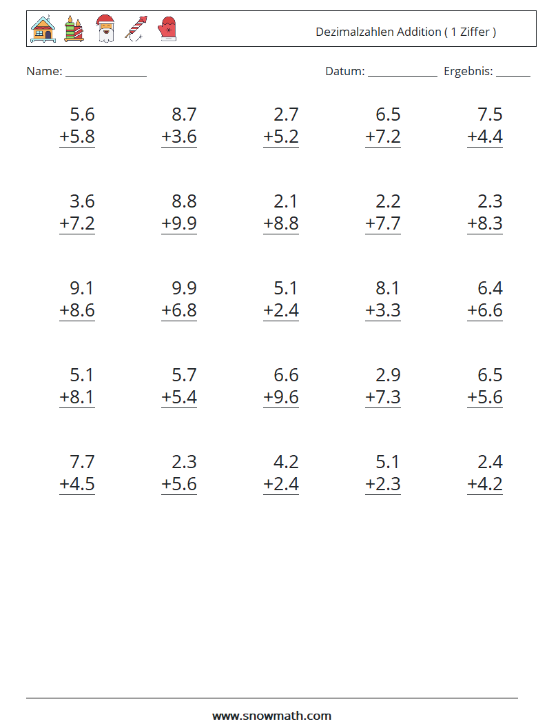 (25) Dezimalzahlen Addition ( 1 Ziffer ) Mathe-Arbeitsblätter 14
