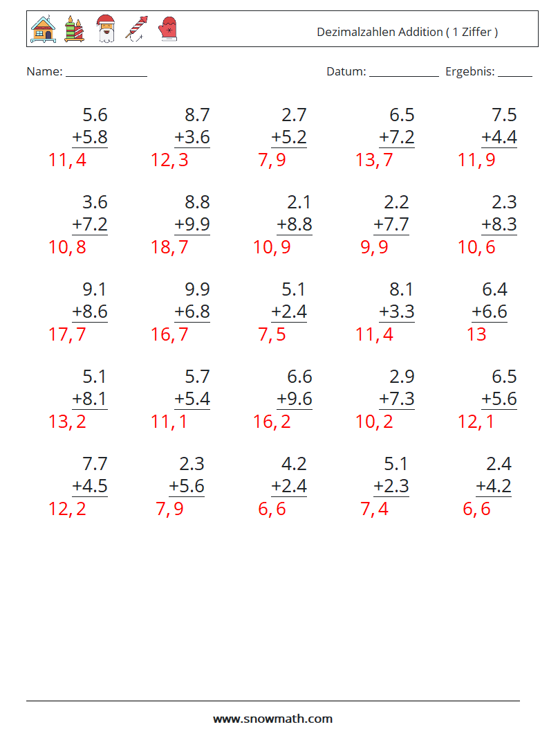 (25) Dezimalzahlen Addition ( 1 Ziffer ) Mathe-Arbeitsblätter 14 Frage, Antwort