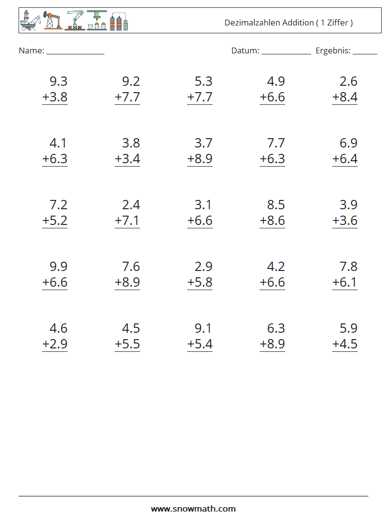 (25) Dezimalzahlen Addition ( 1 Ziffer ) Mathe-Arbeitsblätter 15