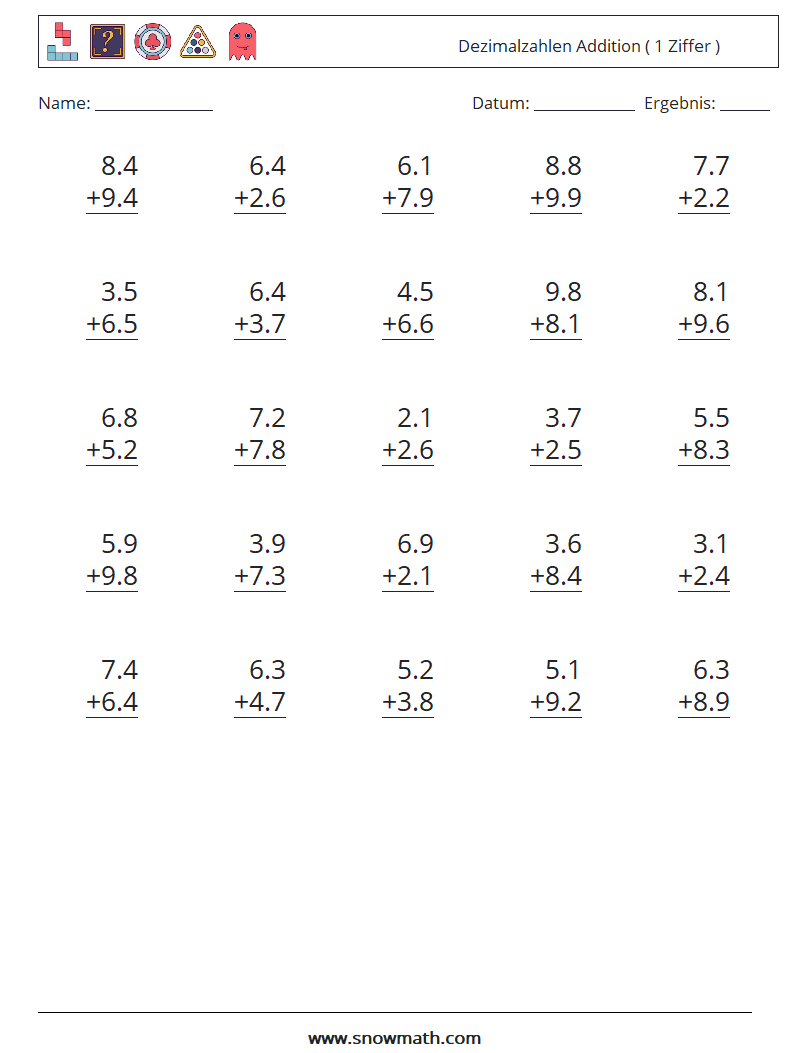 (25) Dezimalzahlen Addition ( 1 Ziffer ) Mathe-Arbeitsblätter 16