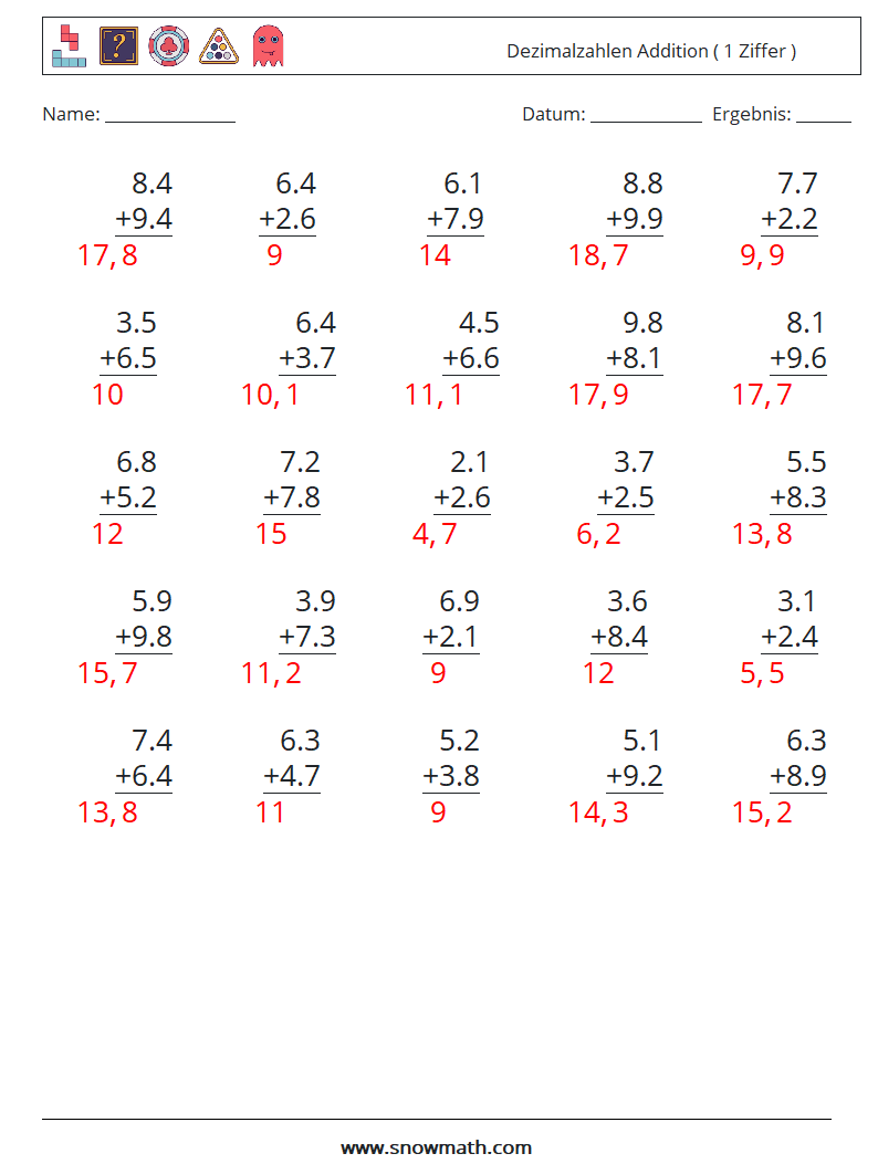 (25) Dezimalzahlen Addition ( 1 Ziffer ) Mathe-Arbeitsblätter 16 Frage, Antwort