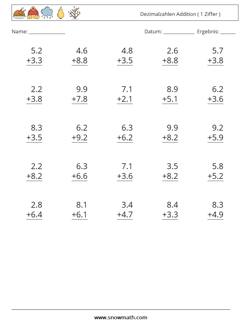 (25) Dezimalzahlen Addition ( 1 Ziffer ) Mathe-Arbeitsblätter 17