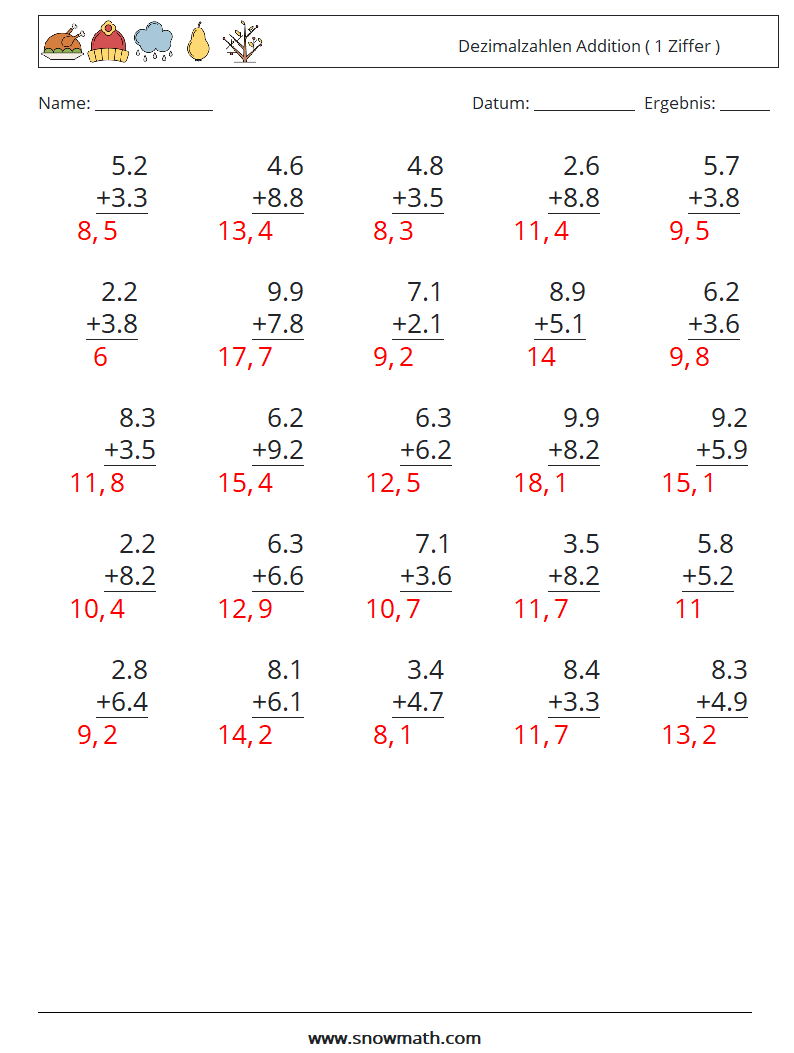 (25) Dezimalzahlen Addition ( 1 Ziffer ) Mathe-Arbeitsblätter 17 Frage, Antwort