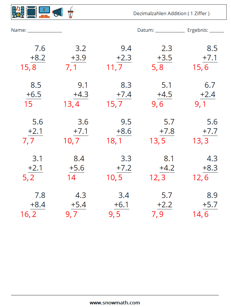 (25) Dezimalzahlen Addition ( 1 Ziffer ) Mathe-Arbeitsblätter 18 Frage, Antwort