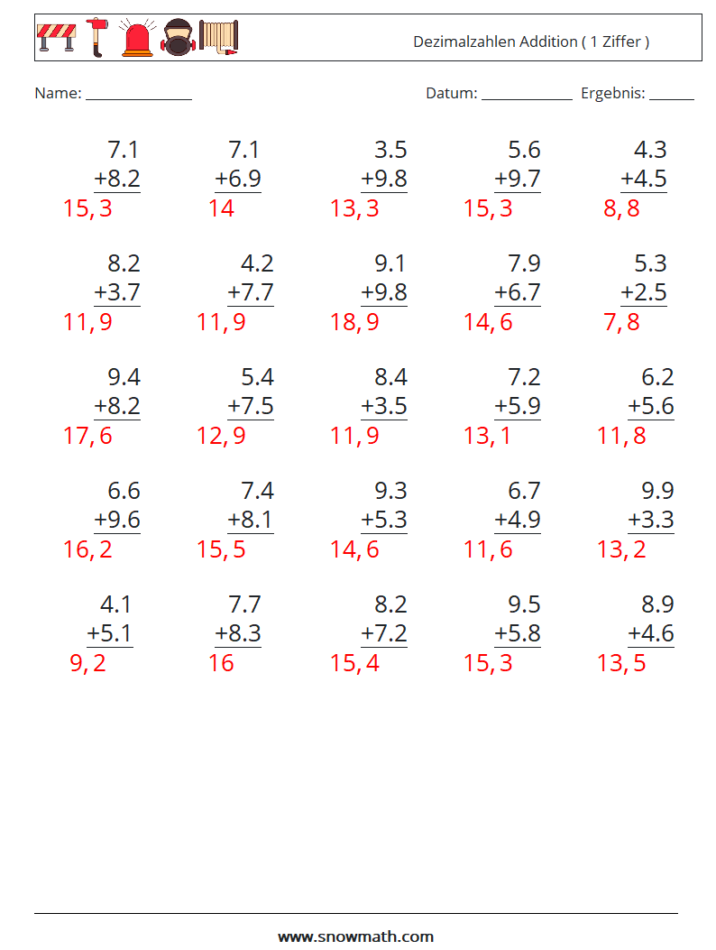 (25) Dezimalzahlen Addition ( 1 Ziffer ) Mathe-Arbeitsblätter 1 Frage, Antwort