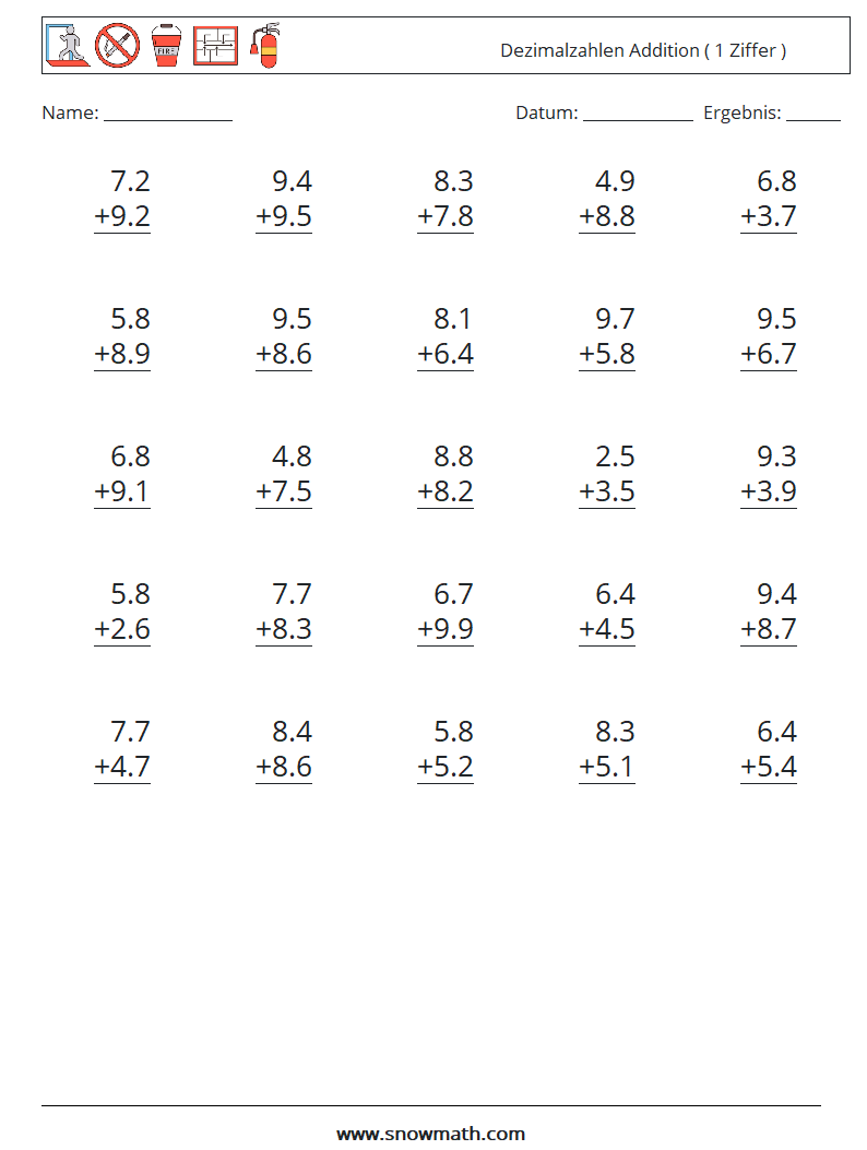 (25) Dezimalzahlen Addition ( 1 Ziffer ) Mathe-Arbeitsblätter 2